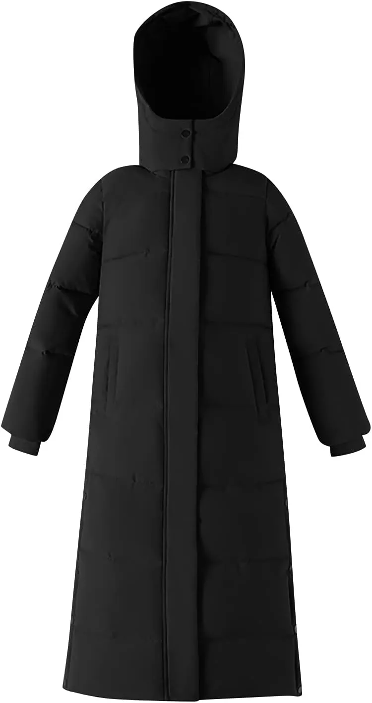 Womens Long Hooded Puffer Jackets Plus Size Lightweight Quilted Jackets Thicken Down Coats Warm Outerwear with Pockets