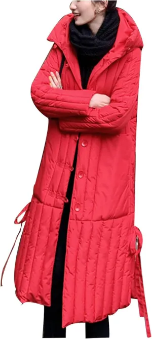 Womens Long Hooded Puffer Jackets Plus Size Lightweight Quilted Jackets Thicken Down Coats Warm Outerwear with Pockets