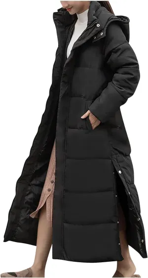 Womens Long Hooded Puffer Jackets Plus Size Lightweight Quilted Jackets Thicken Down Coats Warm Outerwear with Pockets