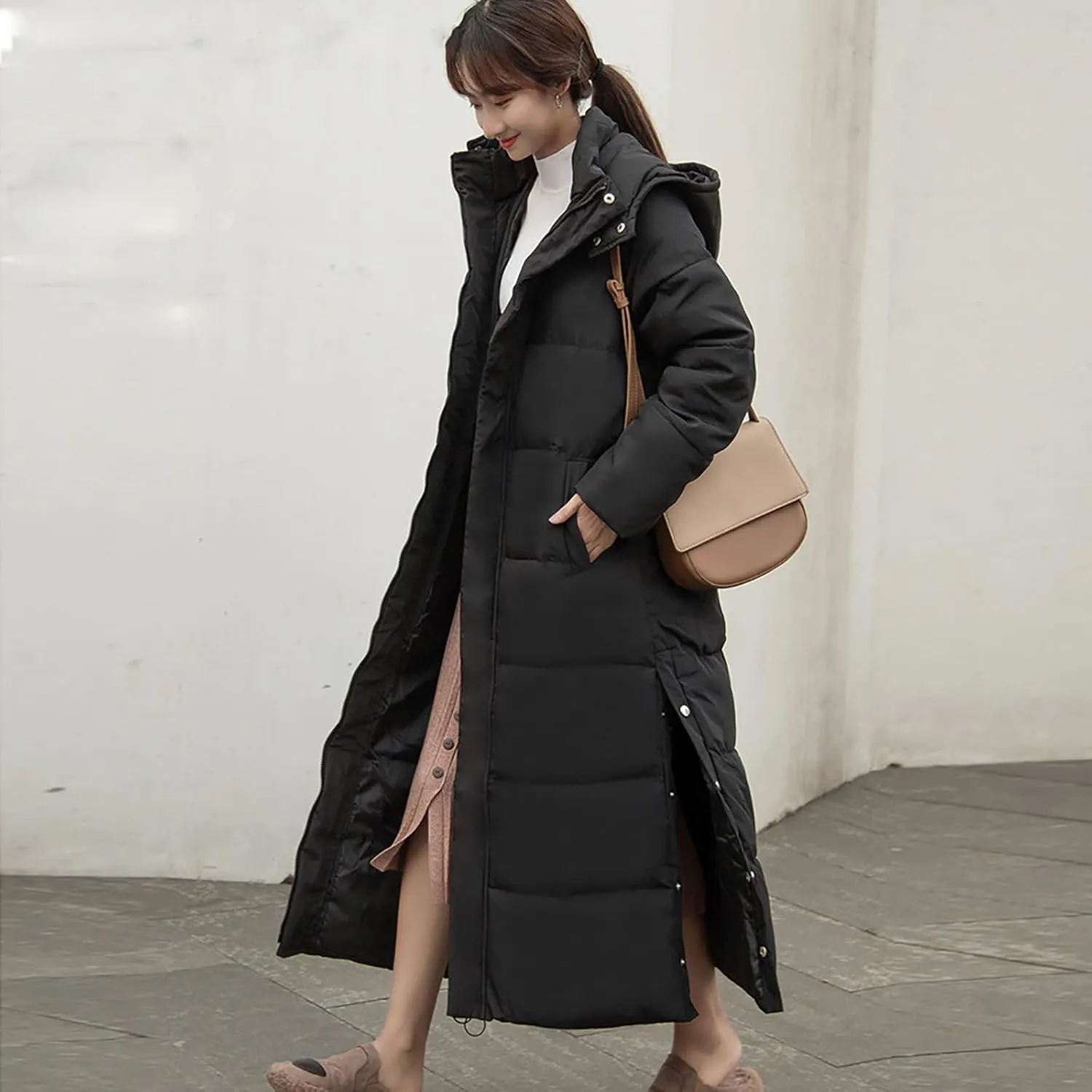 Womens Long Hooded Puffer Jackets Plus Size Lightweight Quilted Jackets Thicken Down Coats Warm Outerwear with Pockets