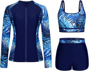 Women's Long Sleeves Rash Guard Athletic Swim Aztec Tankini Sets Swimsuit