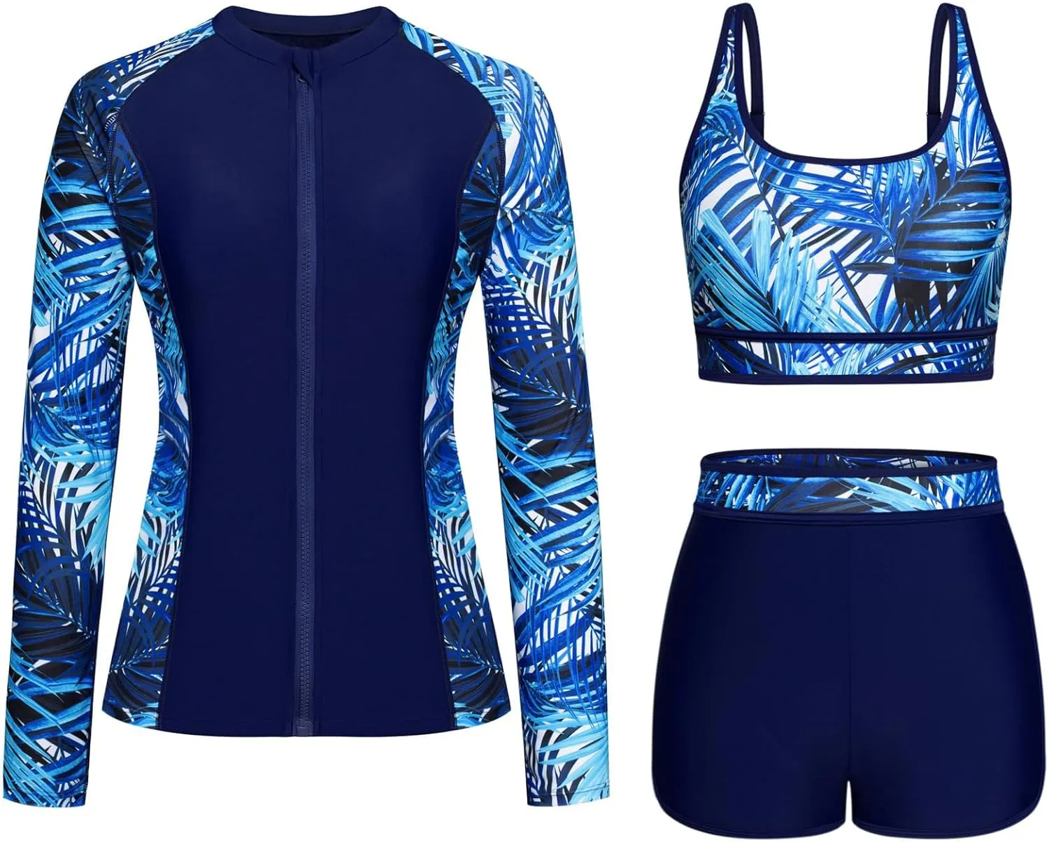 Women's Long Sleeves Rash Guard Athletic Swim Aztec Tankini Sets Swimsuit