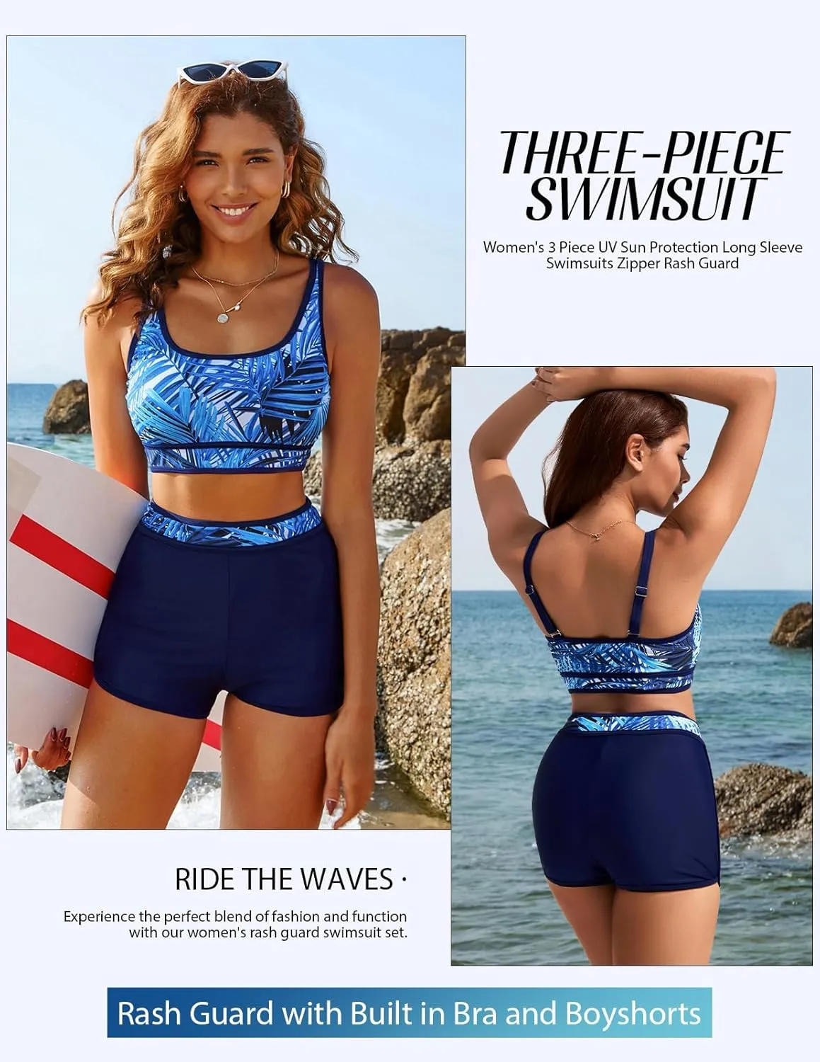 Women's Long Sleeves Rash Guard Athletic Swim Aztec Tankini Sets Swimsuit