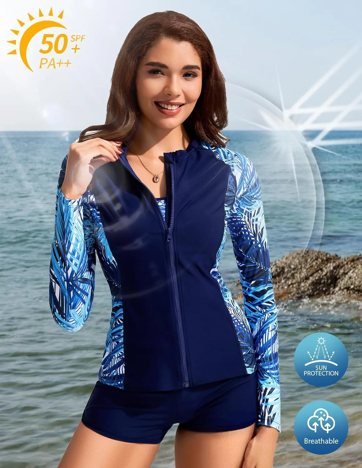 Women's Long Sleeves Rash Guard Athletic Swim Aztec Tankini Sets Swimsuit