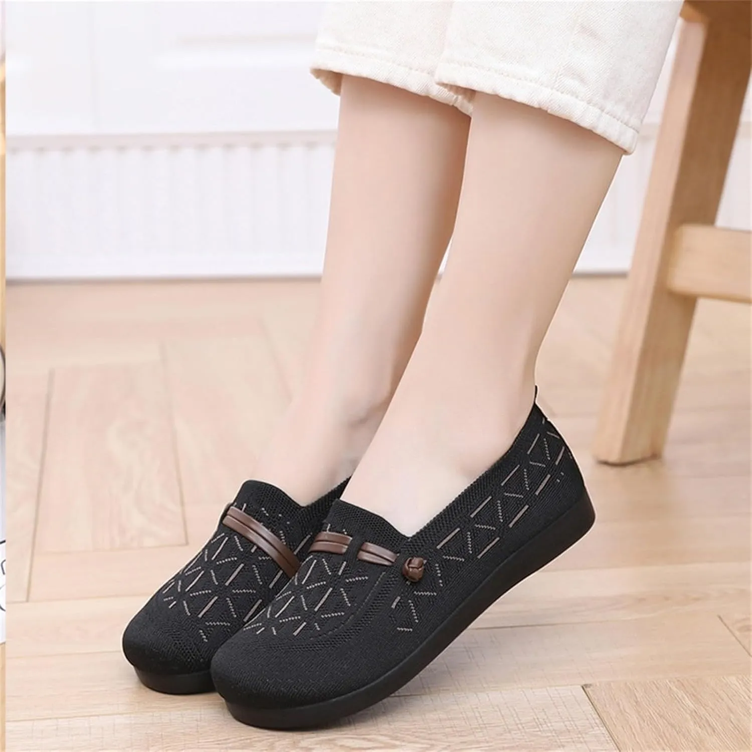 Women's Mesh Casual Shoes Breathable Flying Woven Orthopedic Sneaker Knit Slip On Walking Shoes Wide Width Dressy Flats