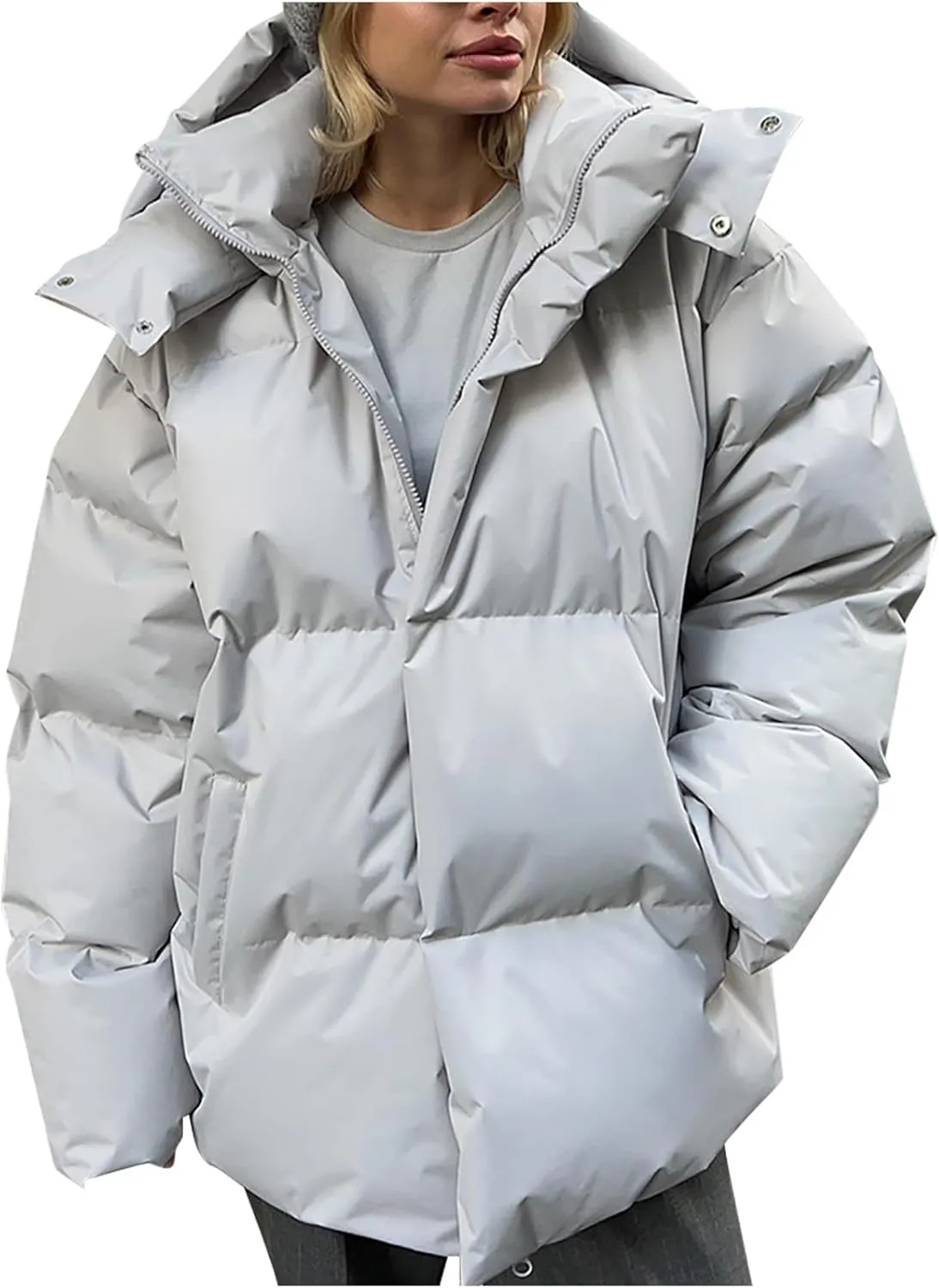 Womens Quilted Puffer Coat Hoodie Winter Oversized Mid-Length Padded Down Jacket Warm Heavyweight Bubble Outerwear