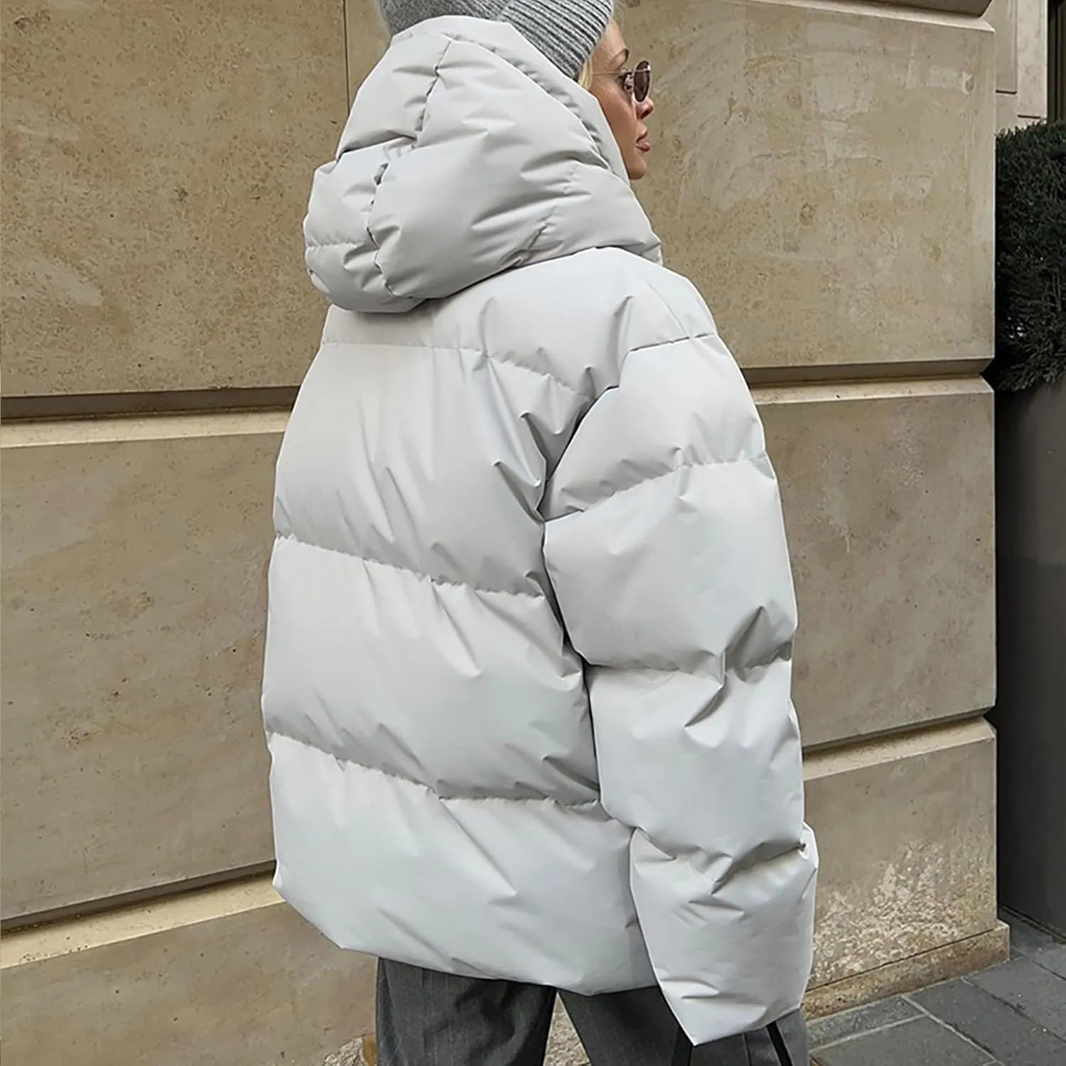 Womens Quilted Puffer Coat Hoodie Winter Oversized Mid-Length Padded Down Jacket Warm Heavyweight Bubble Outerwear
