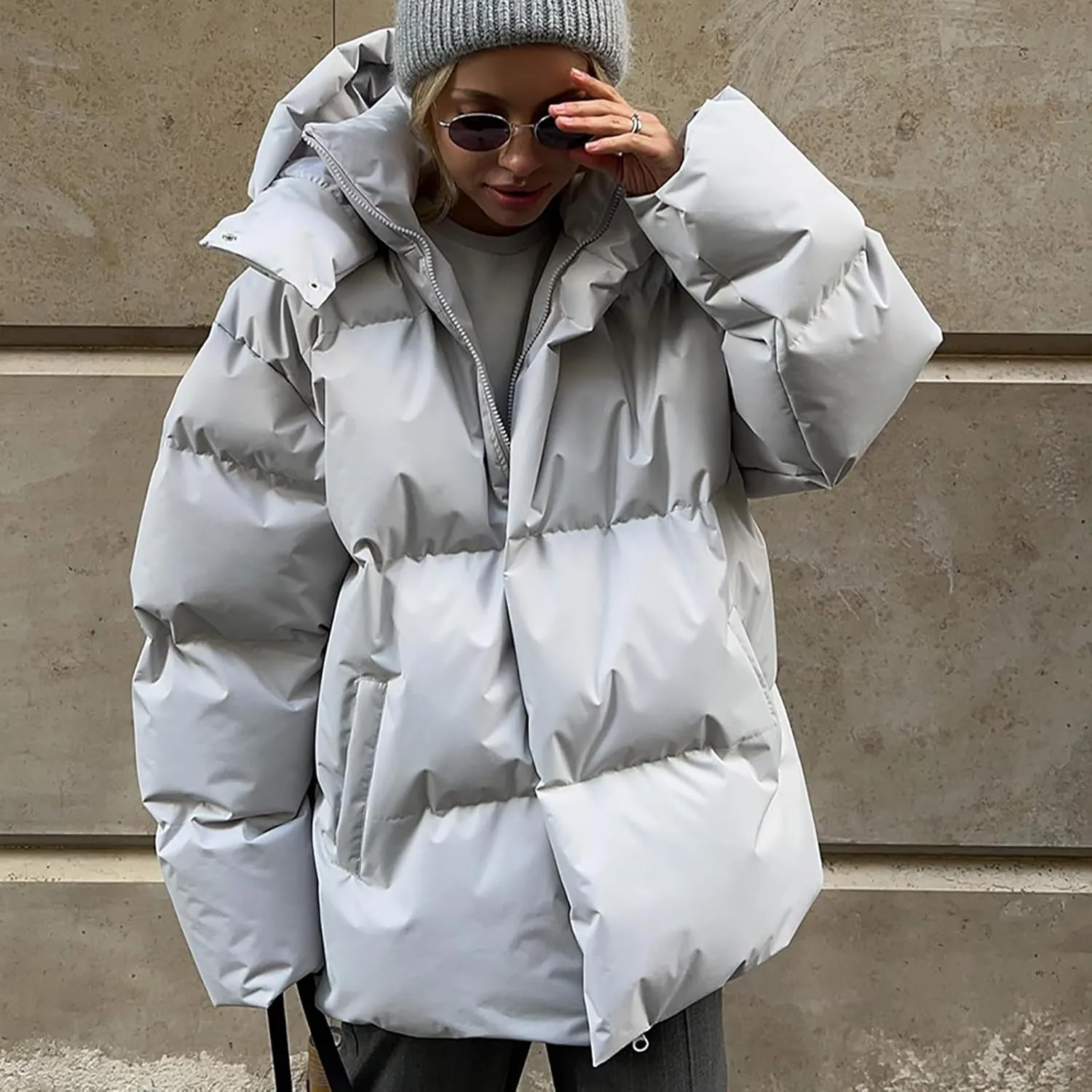 Womens Quilted Puffer Coat Hoodie Winter Oversized Mid-Length Padded Down Jacket Warm Heavyweight Bubble Outerwear
