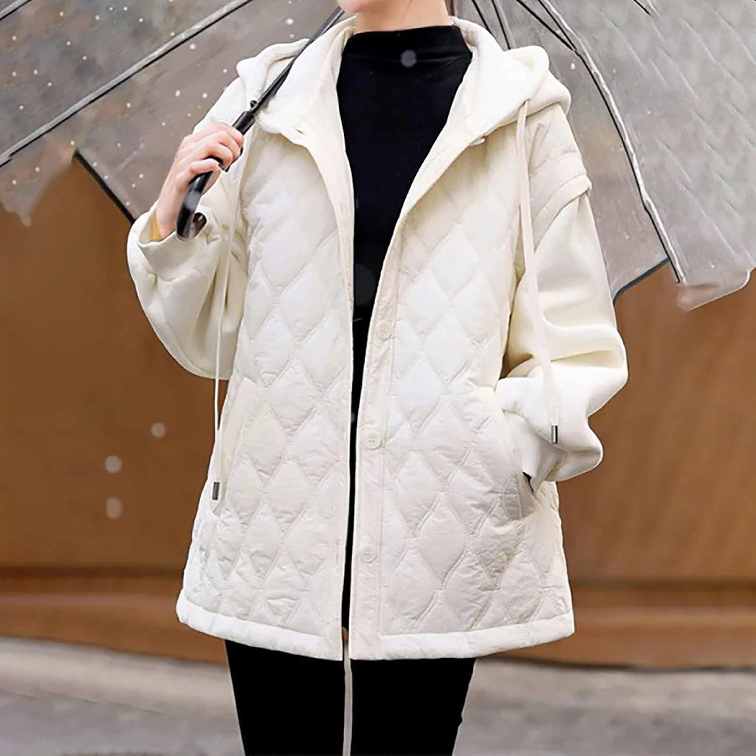 Womens Quilted Puffer Jacket Button Down Warm Hooded Jackets Cotton Jacket With Pockets Casual Loose Padded Coat