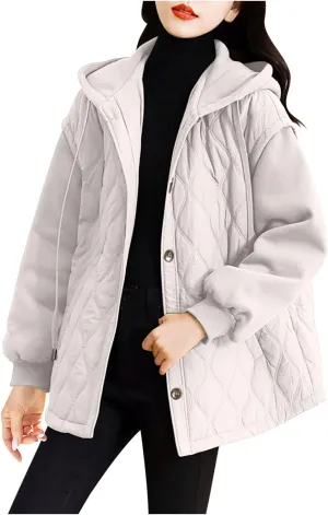 Womens Quilted Puffer Jacket Button Down Warm Hooded Jackets Cotton Jacket With Pockets Casual Loose Padded Coat