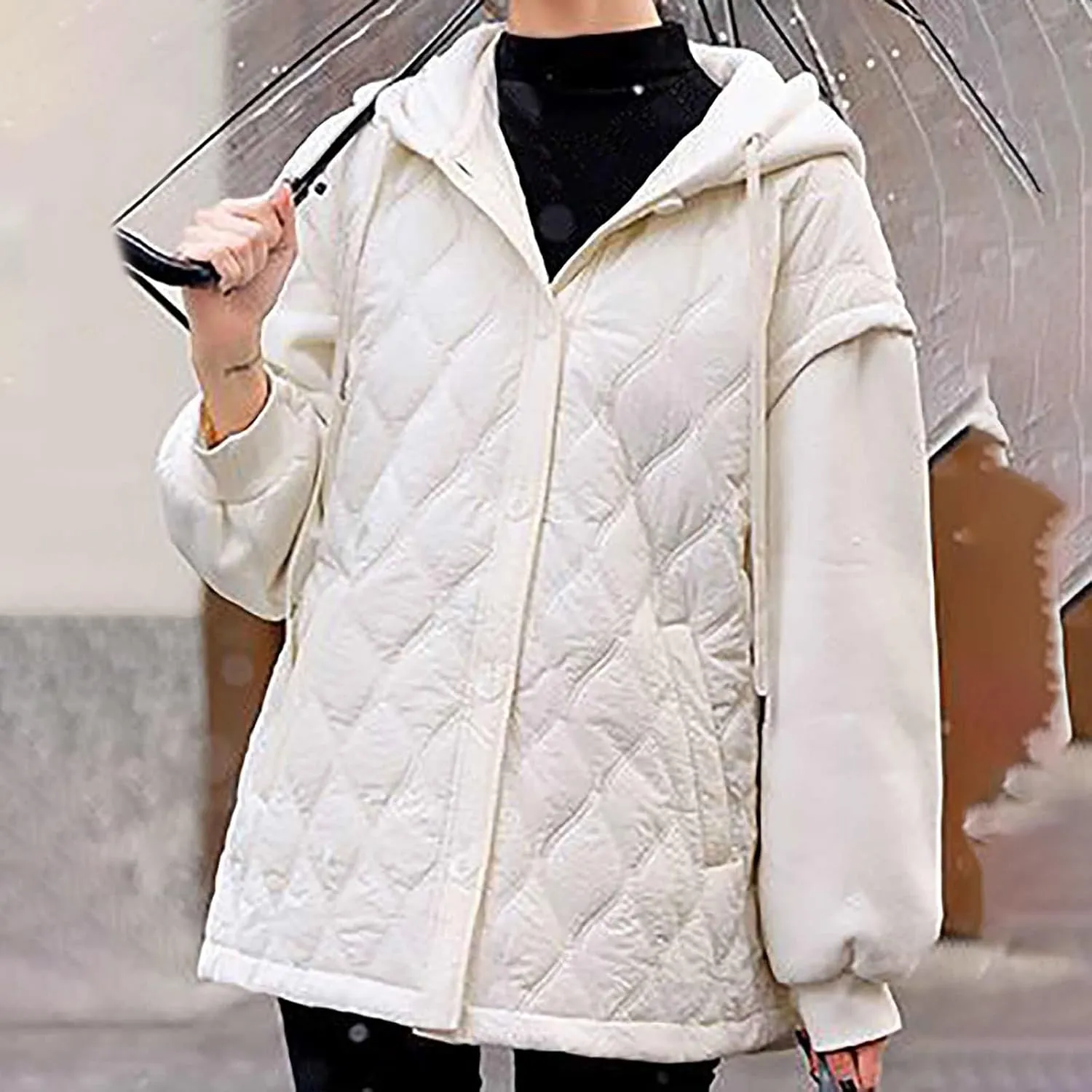 Womens Quilted Puffer Jacket Button Down Warm Hooded Jackets Cotton Jacket With Pockets Casual Loose Padded Coat