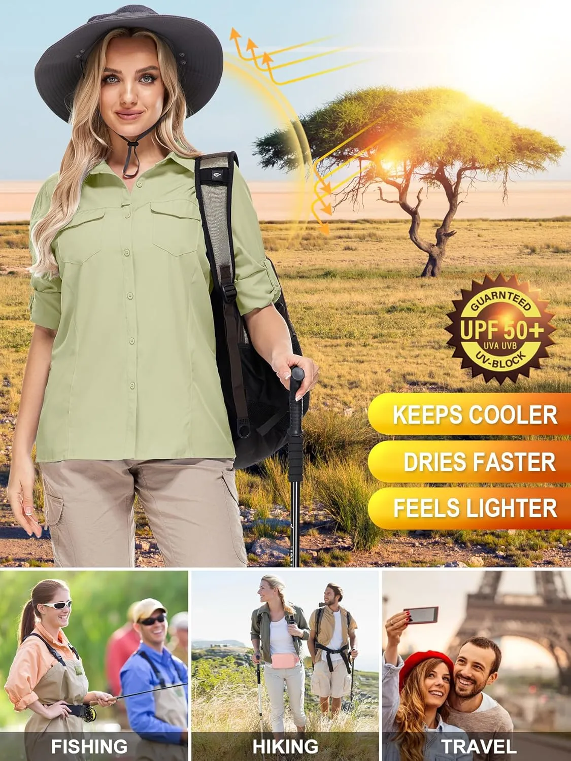 Women's Sun Protection Fishing Shirts Long Sleeve Travel Work Shirts for Men UPF50  Safari Shirts with Zipper Pockets
