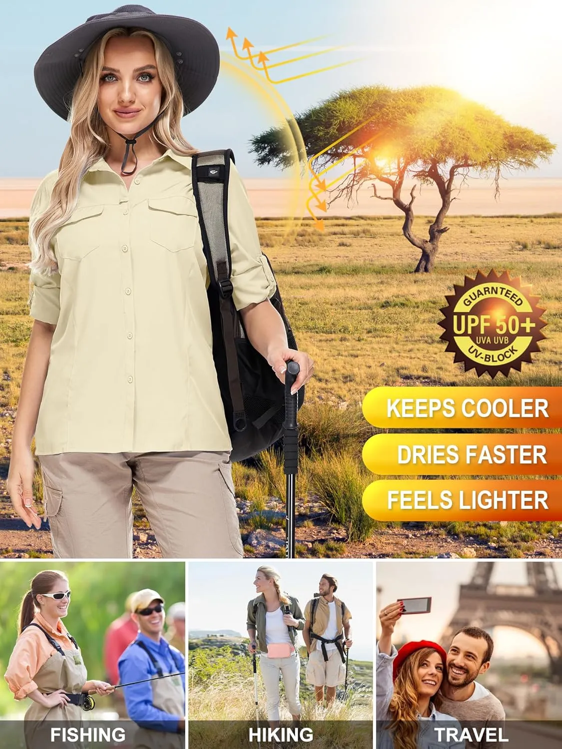 Women's Sun Protection Fishing Shirts Long Sleeve Travel Work Shirts for Men UPF50  Safari Shirts with Zipper Pockets
