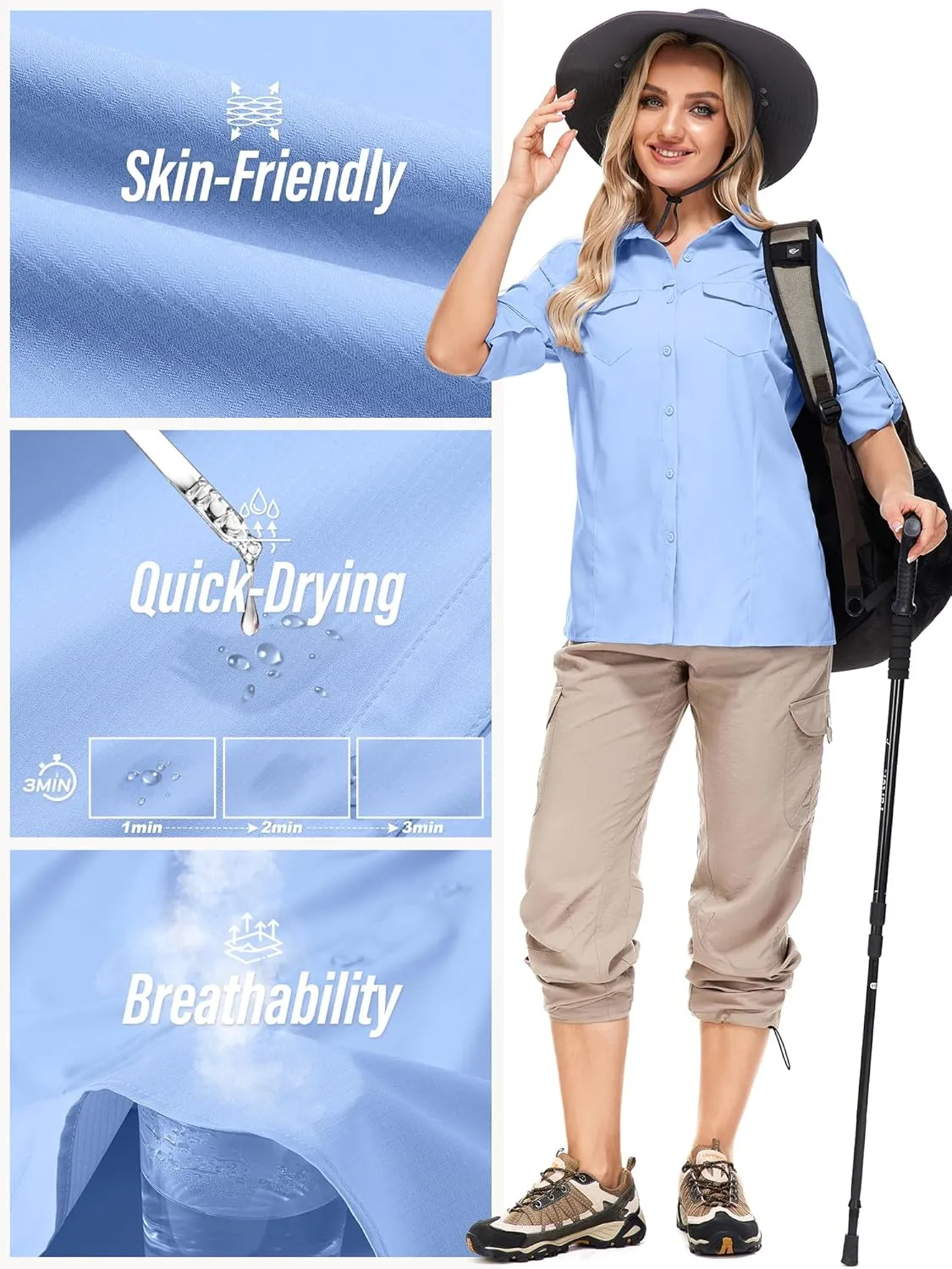 Women's Sun Protection Fishing Shirts Long Sleeve Travel Work Shirts for Men UPF50  Safari Shirts with Zipper Pockets