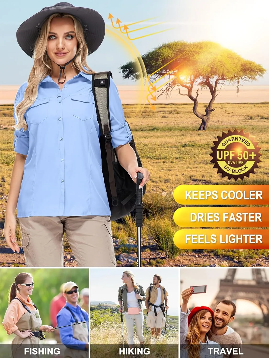 Women's Sun Protection Fishing Shirts Long Sleeve Travel Work Shirts for Men UPF50  Safari Shirts with Zipper Pockets
