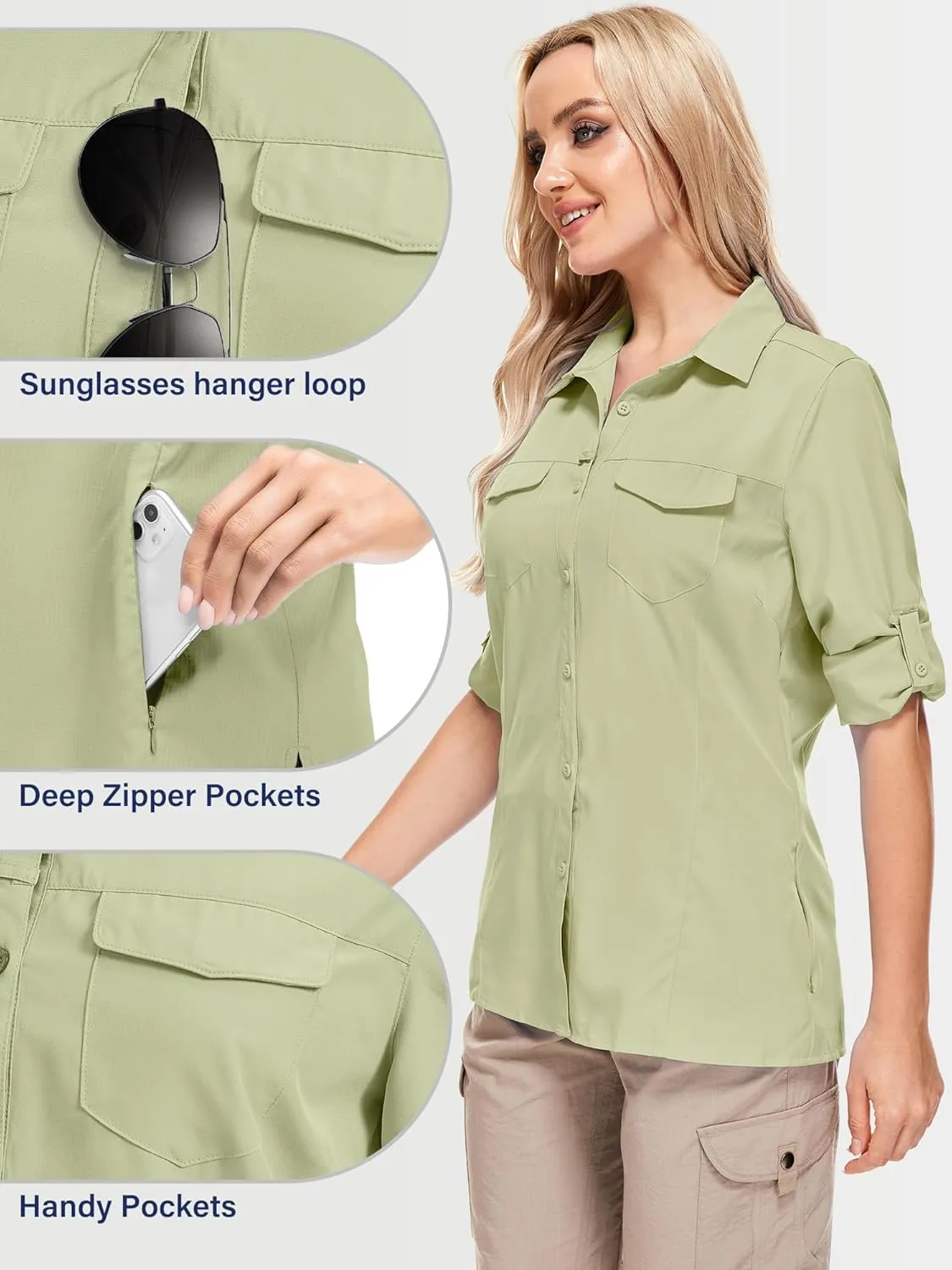 Women's Sun Protection Fishing Shirts Long Sleeve Travel Work Shirts for Men UPF50  Safari Shirts with Zipper Pockets