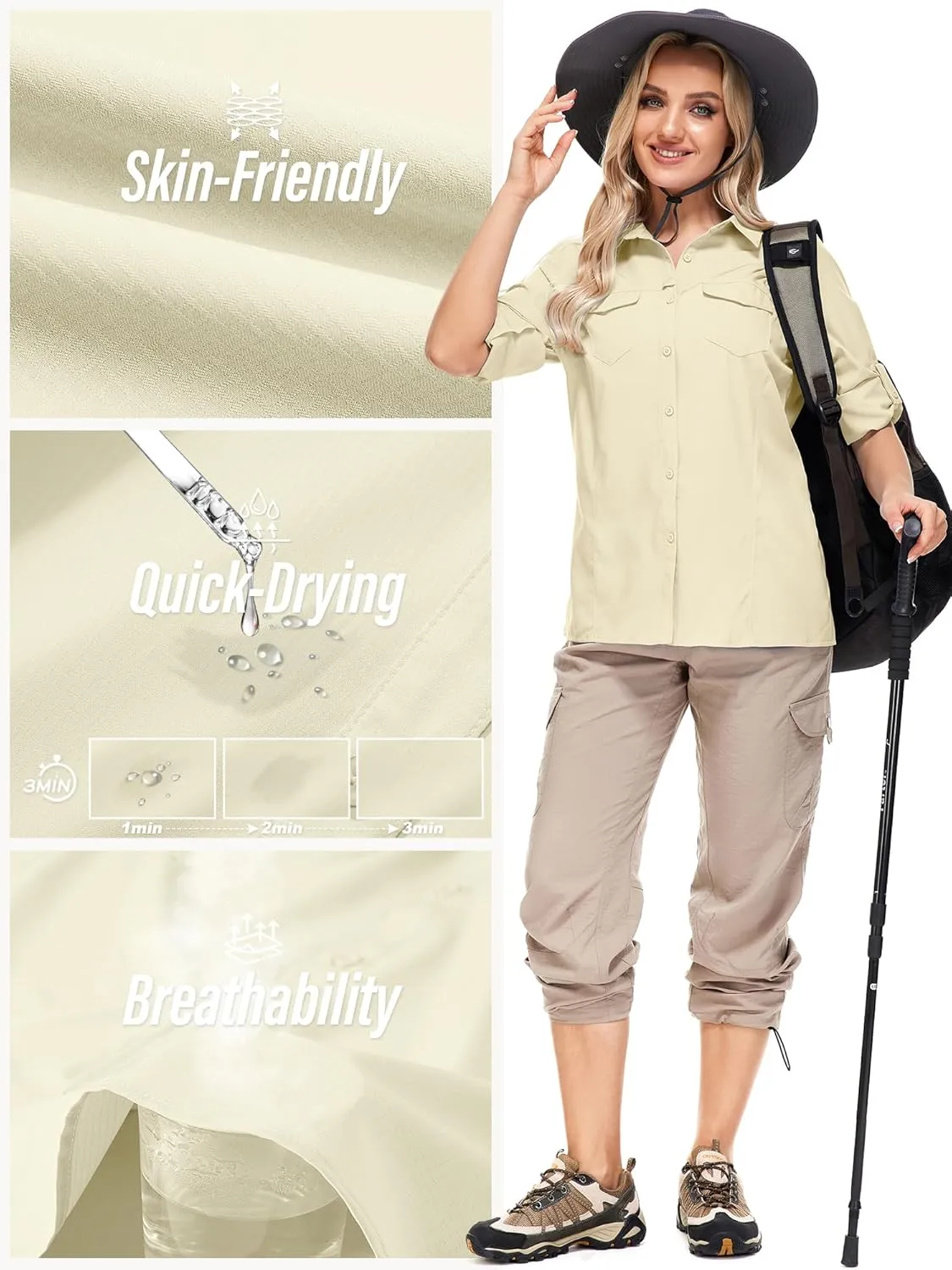 Women's Sun Protection Fishing Shirts Long Sleeve Travel Work Shirts for Men UPF50  Safari Shirts with Zipper Pockets
