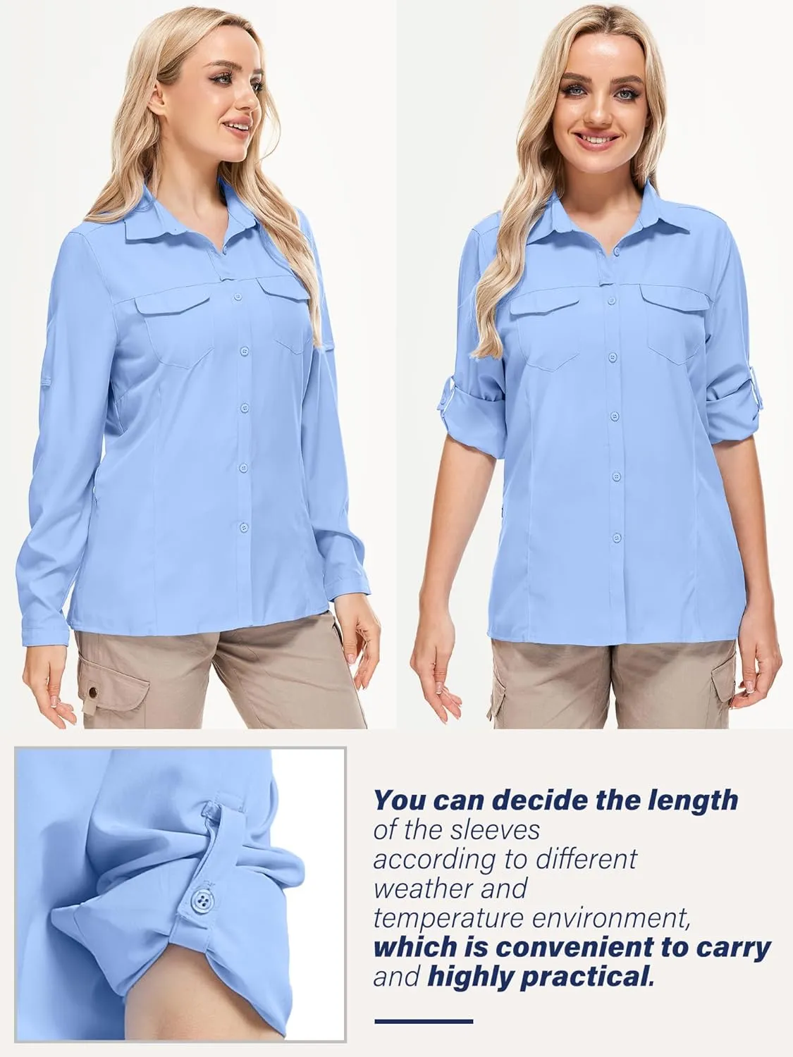 Women's Sun Protection Fishing Shirts Long Sleeve Travel Work Shirts for Men UPF50  Safari Shirts with Zipper Pockets
