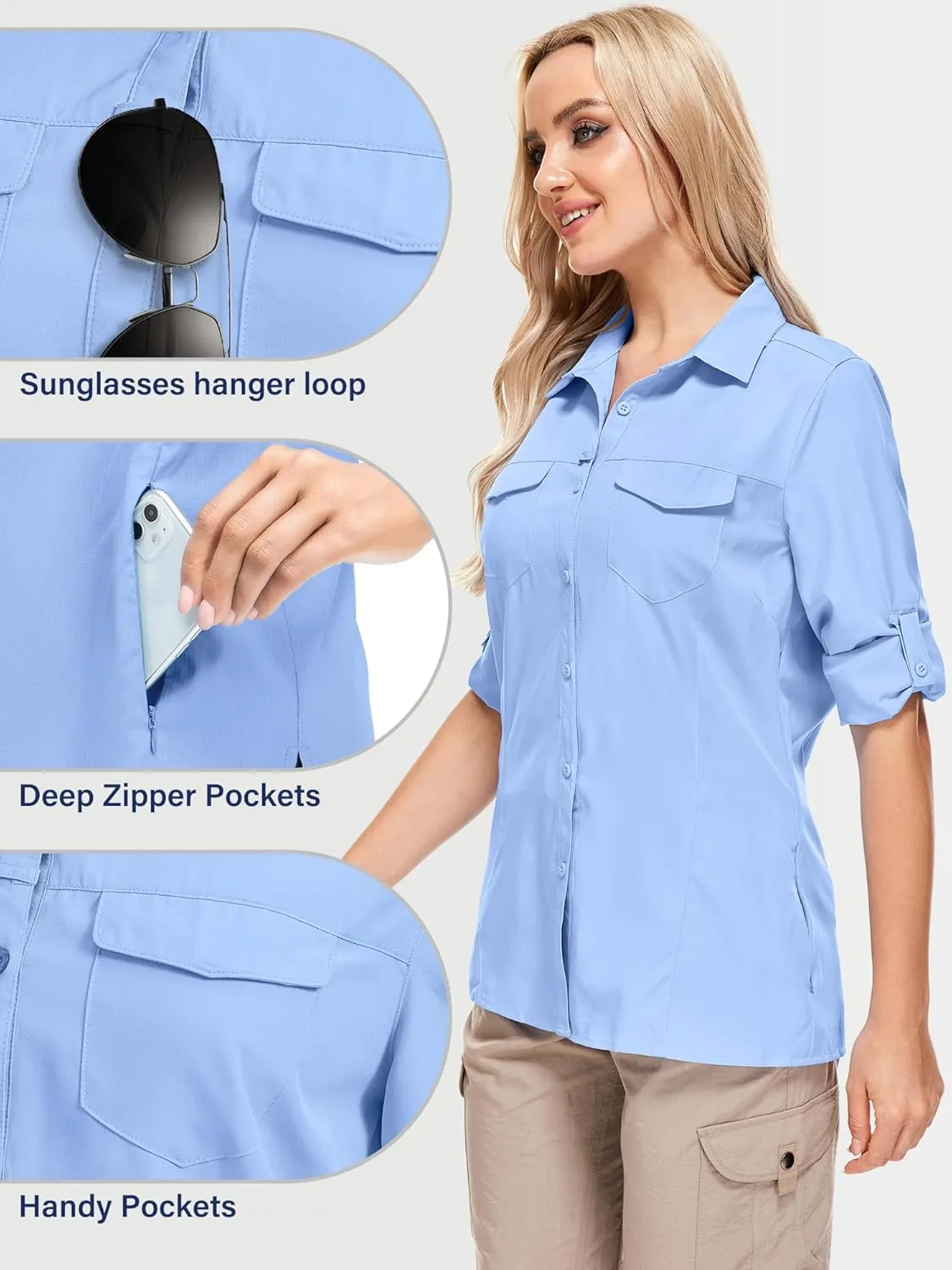 Women's Sun Protection Fishing Shirts Long Sleeve Travel Work Shirts for Men UPF50  Safari Shirts with Zipper Pockets