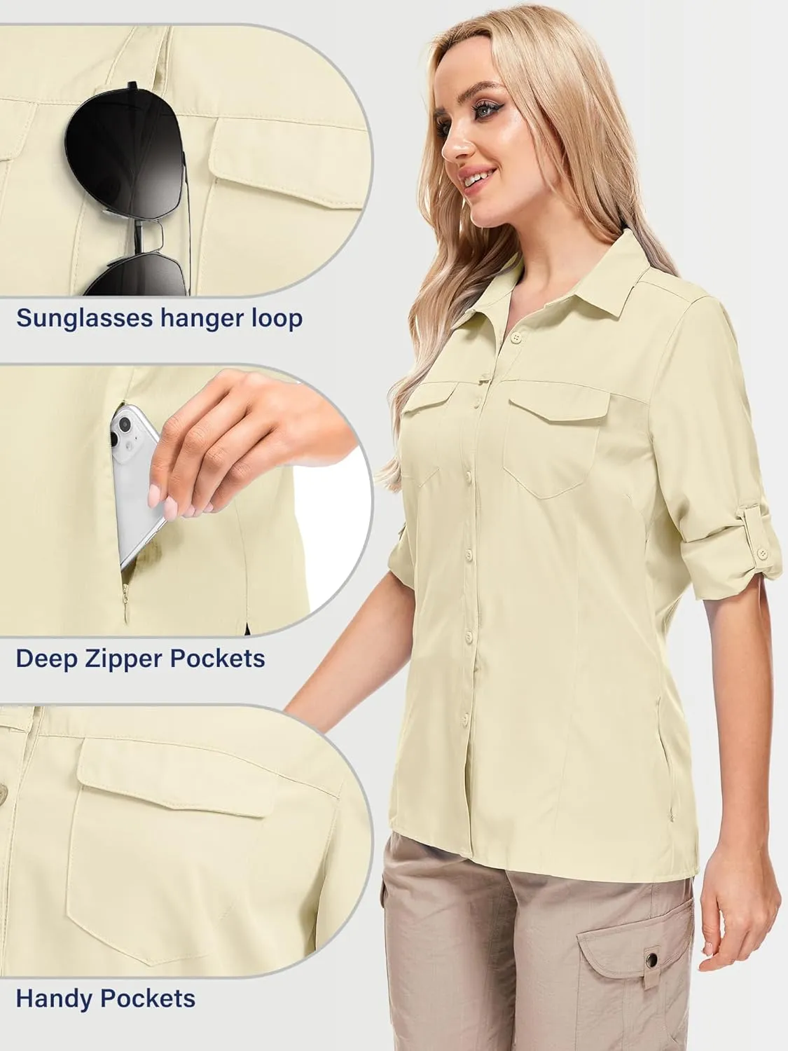 Women's Sun Protection Fishing Shirts Long Sleeve Travel Work Shirts for Men UPF50  Safari Shirts with Zipper Pockets