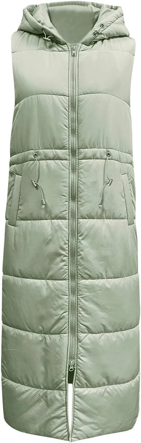 Women's Vest Coat Casual Sleeveless Oversized Long Jackets Solid Color Zip Up Down Jacket Quilted Outdoor Fleece Coat