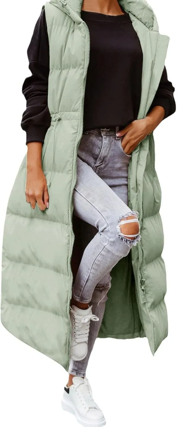 Women's Vest Coat Casual Sleeveless Oversized Long Jackets Solid Color Zip Up Down Jacket Quilted Outdoor Fleece Coat