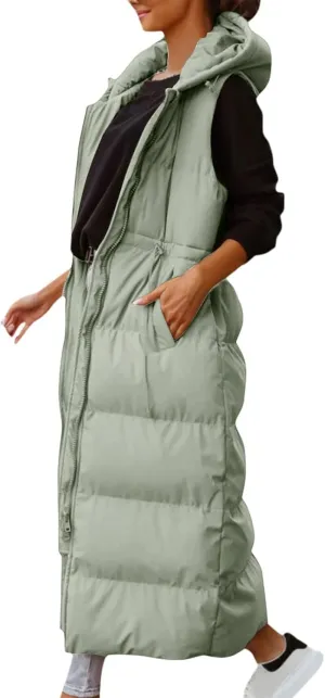 Women's Vest Coat Casual Sleeveless Oversized Long Jackets Solid Color Zip Up Down Jacket Quilted Outdoor Fleece Coat