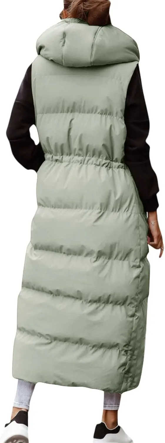 Women's Vest Coat Casual Sleeveless Oversized Long Jackets Solid Color Zip Up Down Jacket Quilted Outdoor Fleece Coat