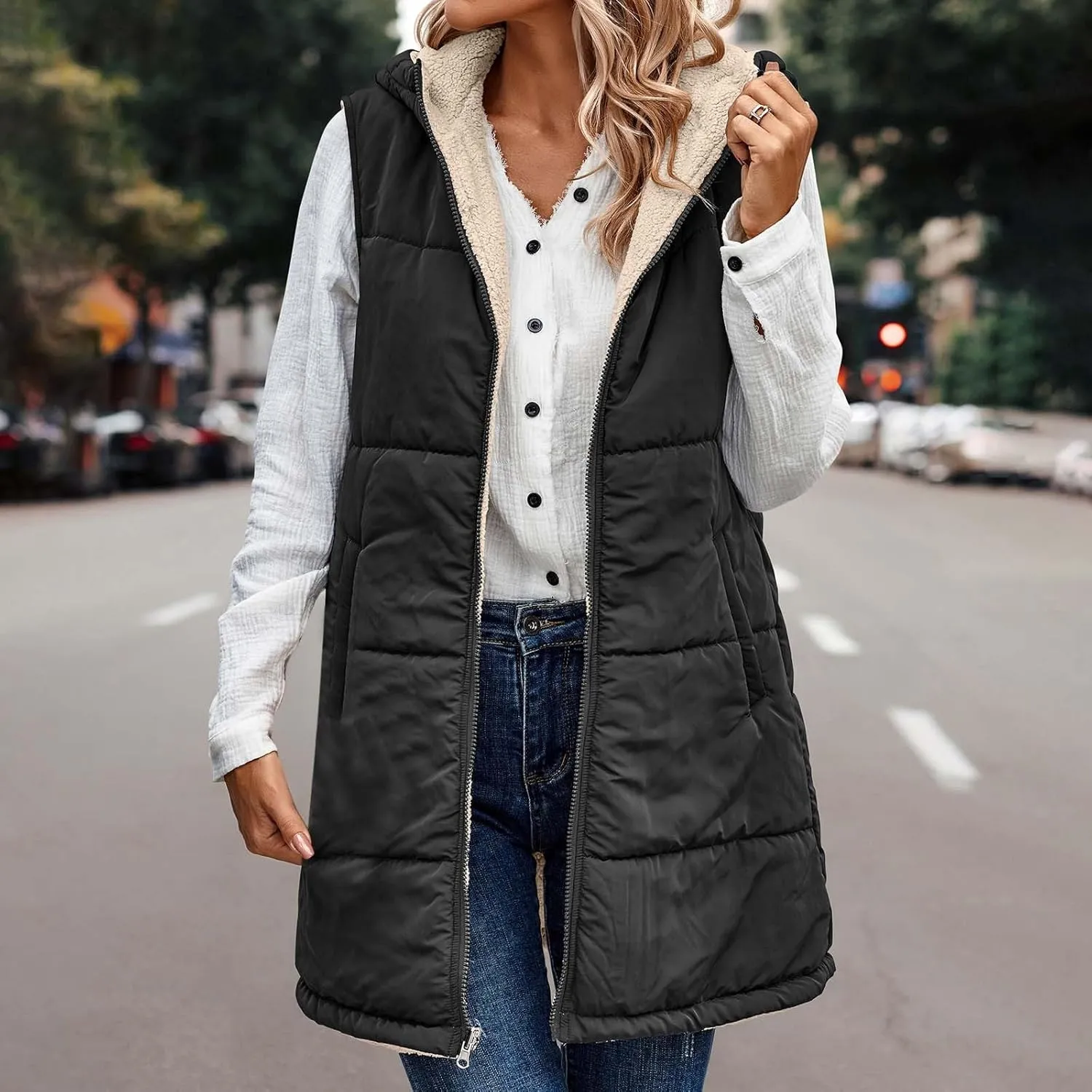 Womens Warm Winter Reversible Vests Sherpa Fleece Jacket Zip Up Hoodie Long Vest Padded Cotton Coat Quilted Outerwear