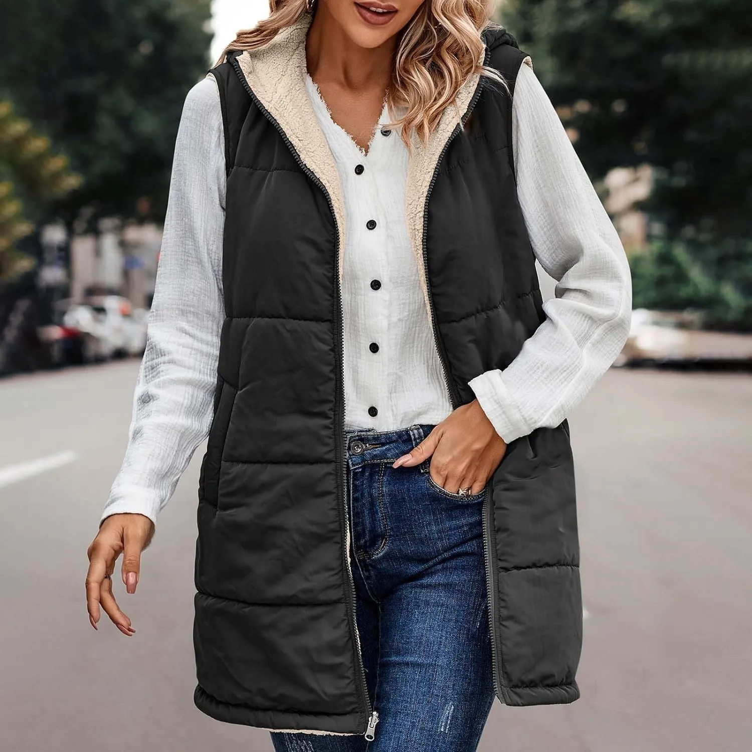 Womens Warm Winter Reversible Vests Sherpa Fleece Jacket Zip Up Hoodie Long Vest Padded Cotton Coat Quilted Outerwear