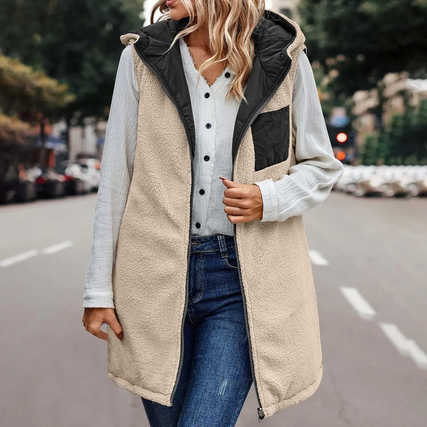 Womens Warm Winter Reversible Vests Sherpa Fleece Jacket Zip Up Hoodie Long Vest Padded Cotton Coat Quilted Outerwear