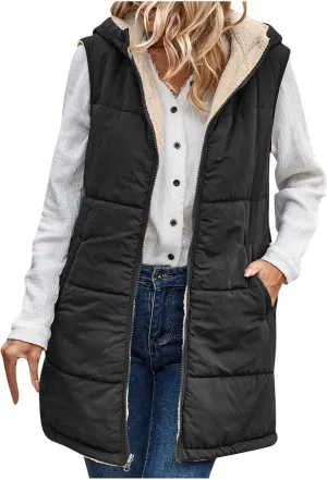 Womens Warm Winter Reversible Vests Sherpa Fleece Jacket Zip Up Hoodie Long Vest Padded Cotton Coat Quilted Outerwear