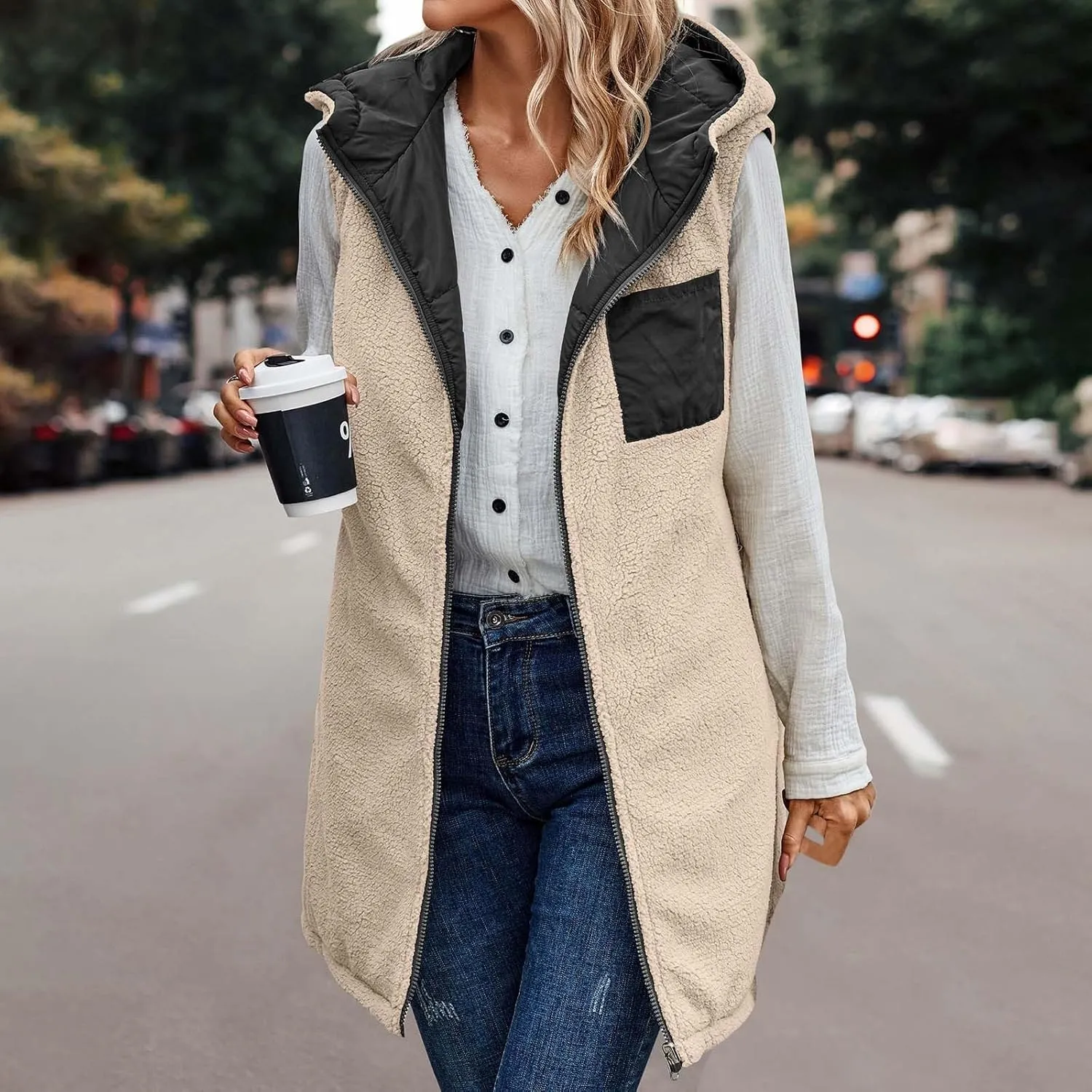 Womens Warm Winter Reversible Vests Sherpa Fleece Jacket Zip Up Hoodie Long Vest Padded Cotton Coat Quilted Outerwear