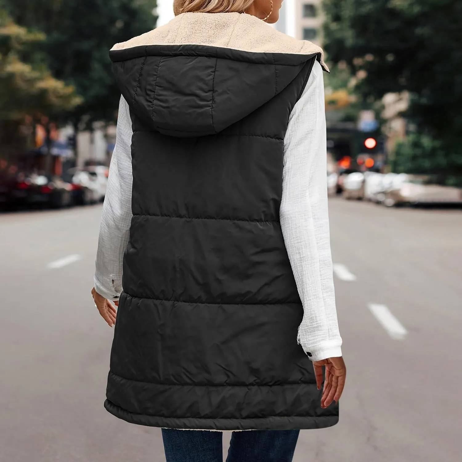 Womens Warm Winter Reversible Vests Sherpa Fleece Jacket Zip Up Hoodie Long Vest Padded Cotton Coat Quilted Outerwear