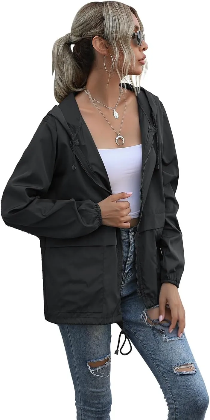 Women's Waterproof Raincoat Lightweight Rain Jacket Hooded Adjustable Windbreaker Rain Coats with Pocket for Outdoor