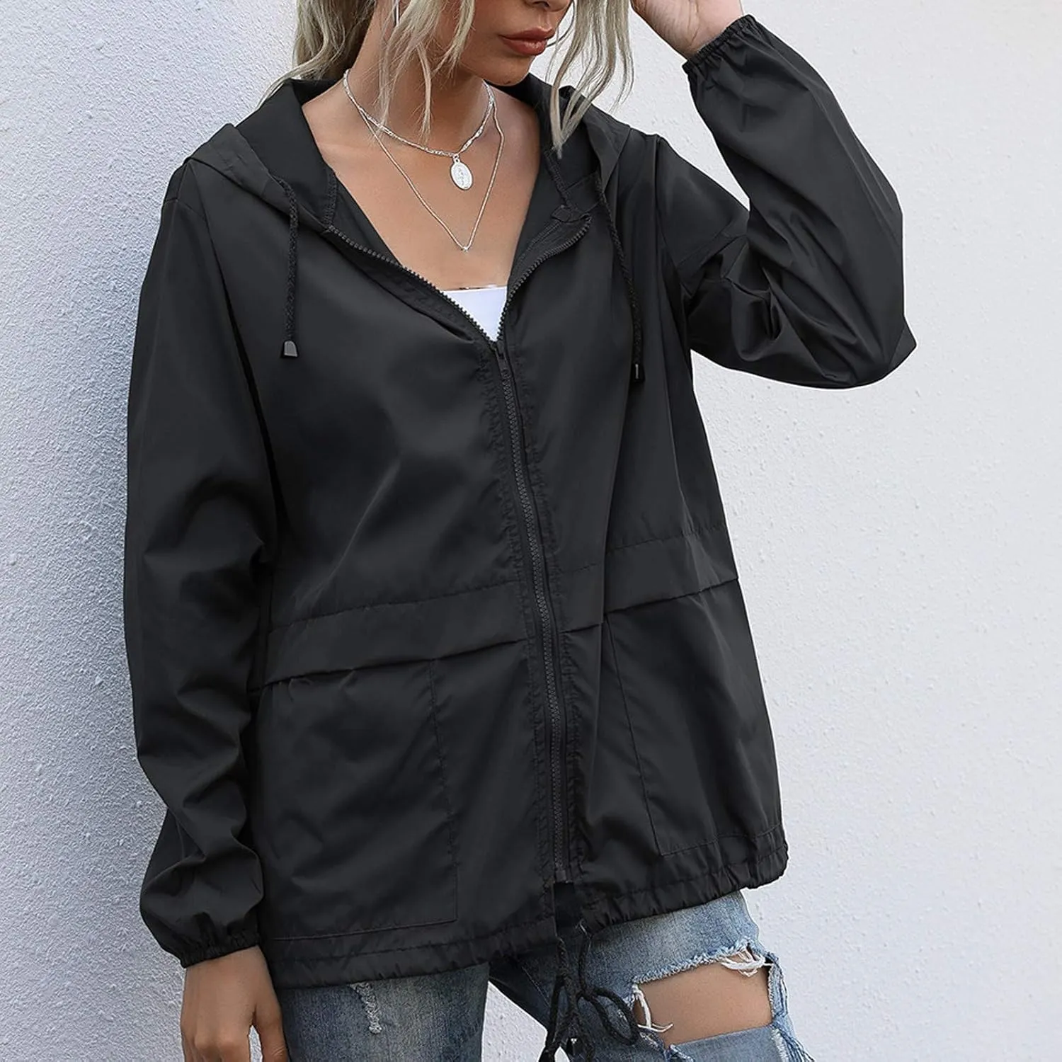 Women's Waterproof Raincoat Lightweight Rain Jacket Hooded Adjustable Windbreaker Rain Coats with Pocket for Outdoor