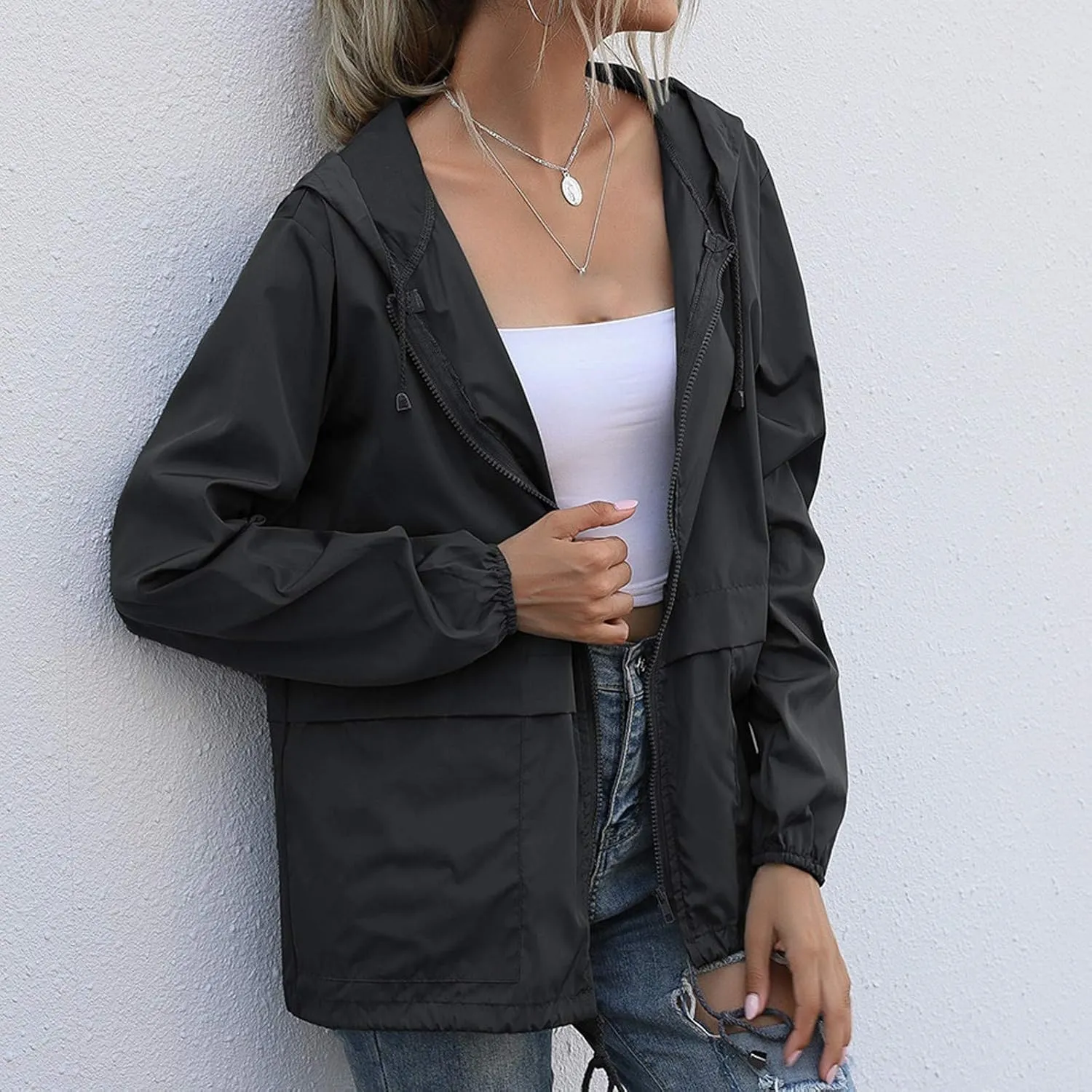 Women's Waterproof Raincoat Lightweight Rain Jacket Hooded Adjustable Windbreaker Rain Coats with Pocket for Outdoor