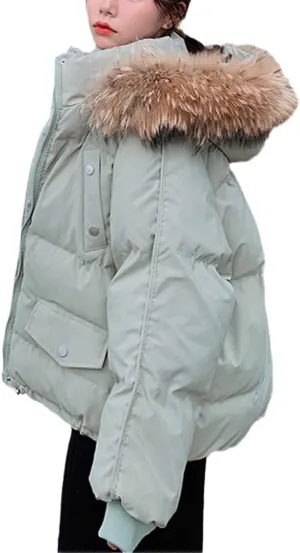 Womens Winter Warm Loose Hooded Parkas Overcoat Cotton Elegant Padded Faux Fur Collar Coats Jackets Outwear