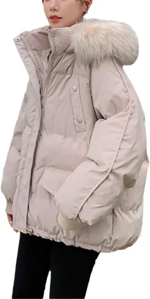 Womens Winter Warm Loose Hooded Parkas Overcoat Cotton Elegant Padded Faux Fur Collar Coats Jackets Outwear