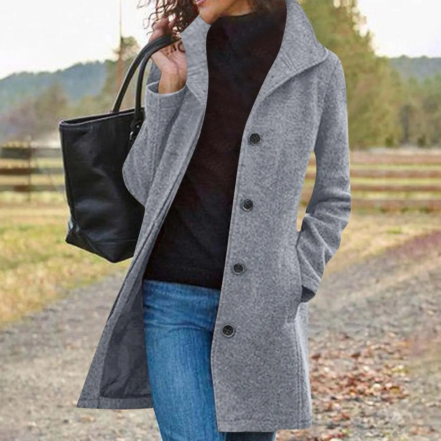 Wool Peacoats for Women 2024 Casual Single Breasted Mid-Length Jackets Coat Fall Winter Lapel Neck Windbreaker Trench Coats