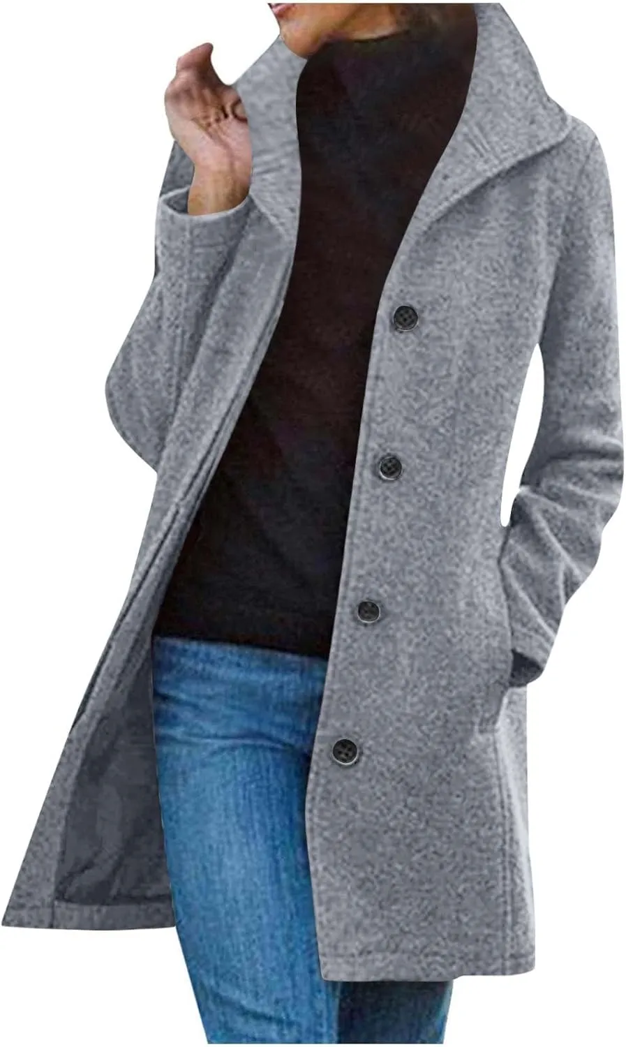 Wool Peacoats for Women 2024 Casual Single Breasted Mid-Length Jackets Coat Fall Winter Lapel Neck Windbreaker Trench Coats