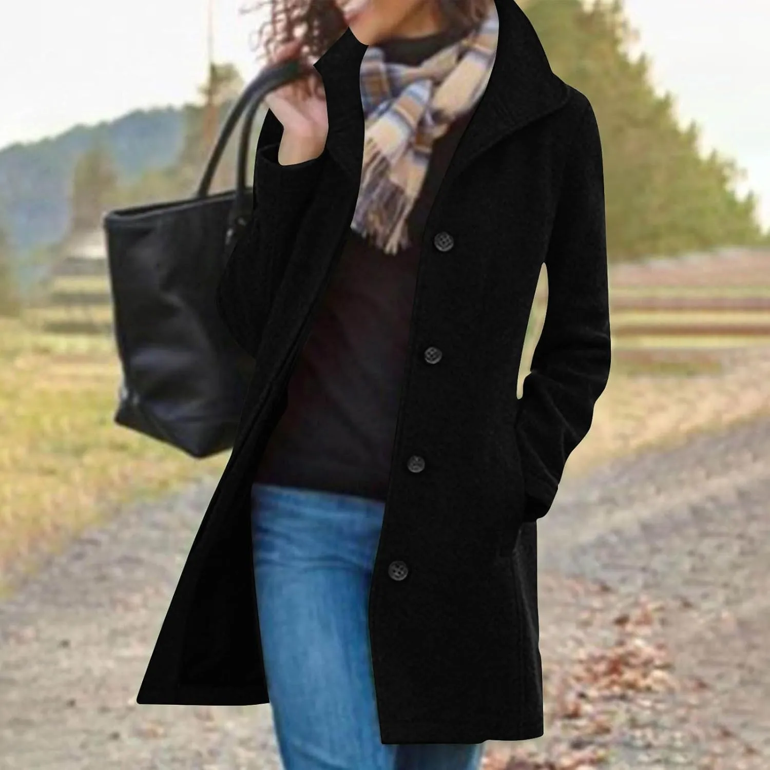 Wool Peacoats for Women 2024 Casual Single Breasted Mid-Length Jackets Coat Fall Winter Lapel Neck Windbreaker Trench Coats