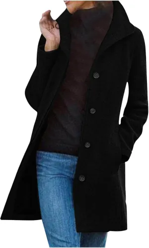 Wool Peacoats for Women 2024 Casual Single Breasted Mid-Length Jackets Coat Fall Winter Lapel Neck Windbreaker Trench Coats