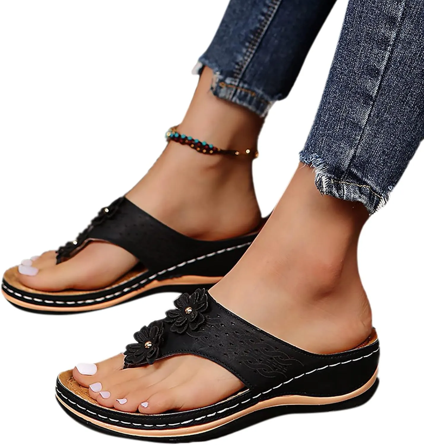 ZSpzx Women's Orthotic Cushion Flip Flops Orthopedic Sandals for Women Recovery Walking Dressy Summer Comfortable Flowers Plantar Fasciitis Bunion Casual Womens Outdoor Slides Non Slip-on Beach Shoes