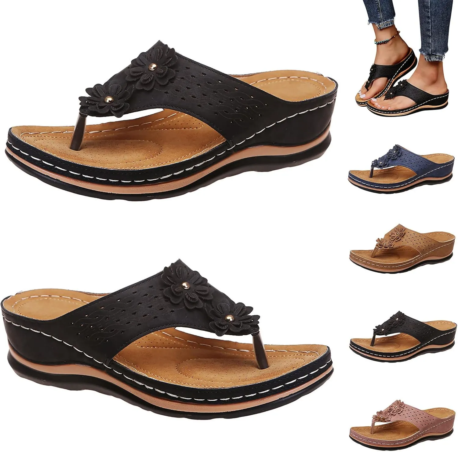 ZSpzx Women's Orthotic Cushion Flip Flops Orthopedic Sandals for Women Recovery Walking Dressy Summer Comfortable Flowers Plantar Fasciitis Bunion Casual Womens Outdoor Slides Non Slip-on Beach Shoes